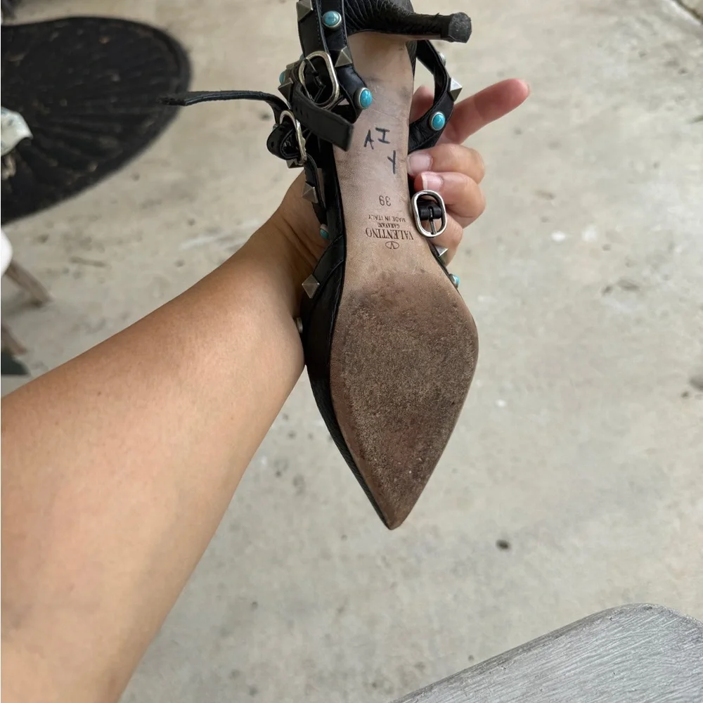 Valentino Black Leather Pointed Flats with Turquoise Stud Accents
